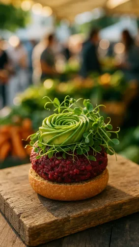 Plant‑based beetroot‑quinoa burger with an avocado rose and micro‑greens, resting on a weathered wooden board at a bustling farmers‑market stall — natural backlighting, candid lifestyle vibe.
