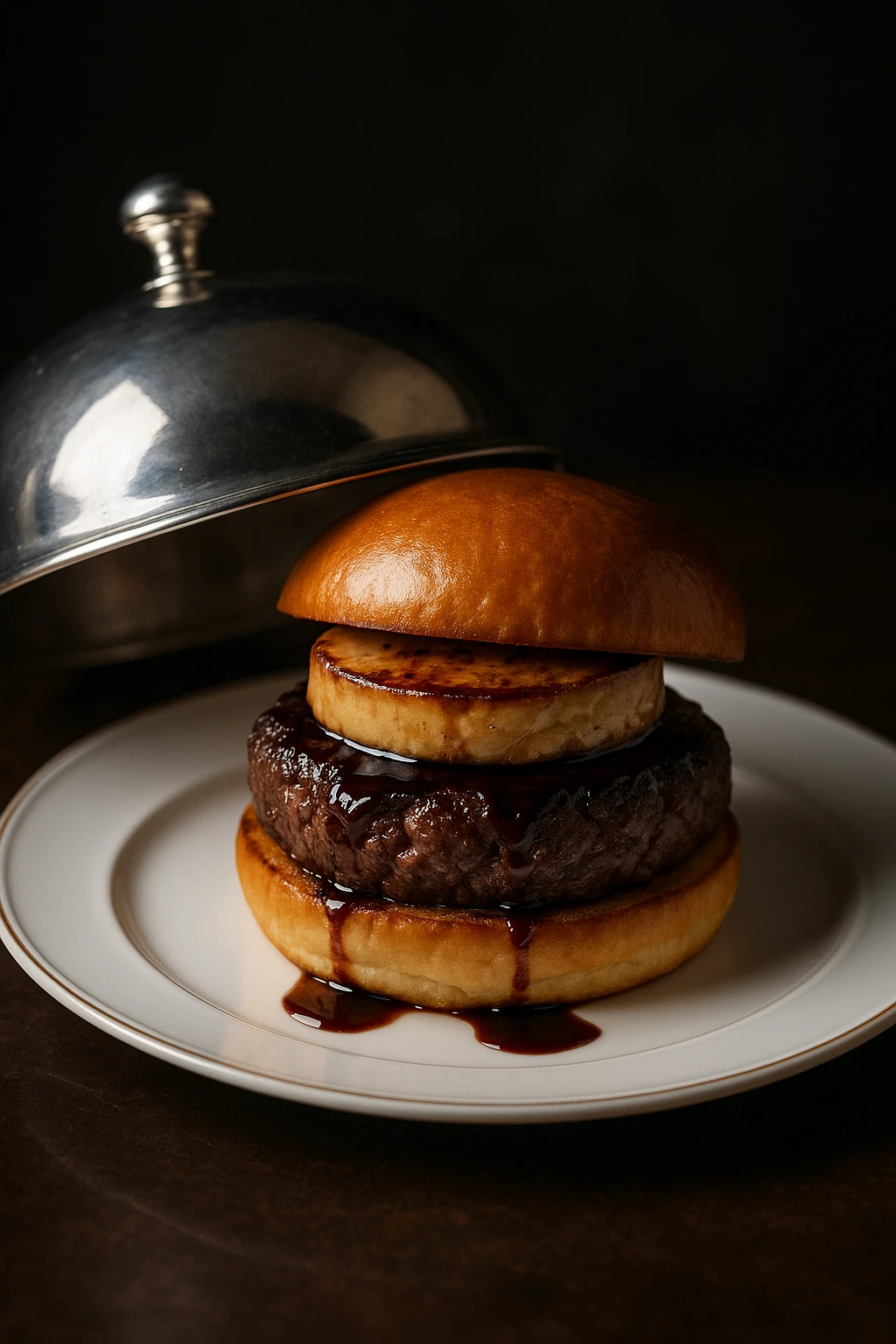 Dry‑aged rib‑eye steak burger crowned with foie‑gras torchon and port‑wine reduction on a buttery brioche bun, placed on fine white porcelain with a half‑open silver cloche — low‑key luxe dining ambience.
