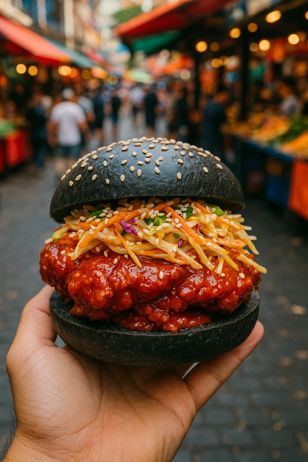 Korean kimchi fried‑chicken burger lacquered in gochujang, sesame‑slaw crunch, served on a black charcoal bun — vibrant open‑air street‑market setting, dynamic handheld angle.