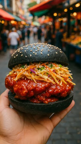 Korean kimchi fried‑chicken burger lacquered in gochujang, sesame‑slaw crunch, served on a black charcoal bun — vibrant open‑air street‑market setting, dynamic handheld angle.