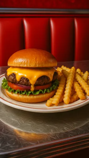 Classic American diner burger with melting cheddar and crispy crinkle‑cut fries on a chrome tabletop, red vinyl booth backdrop — 1950s retro styling, saturated colors, wide‑angle lens.