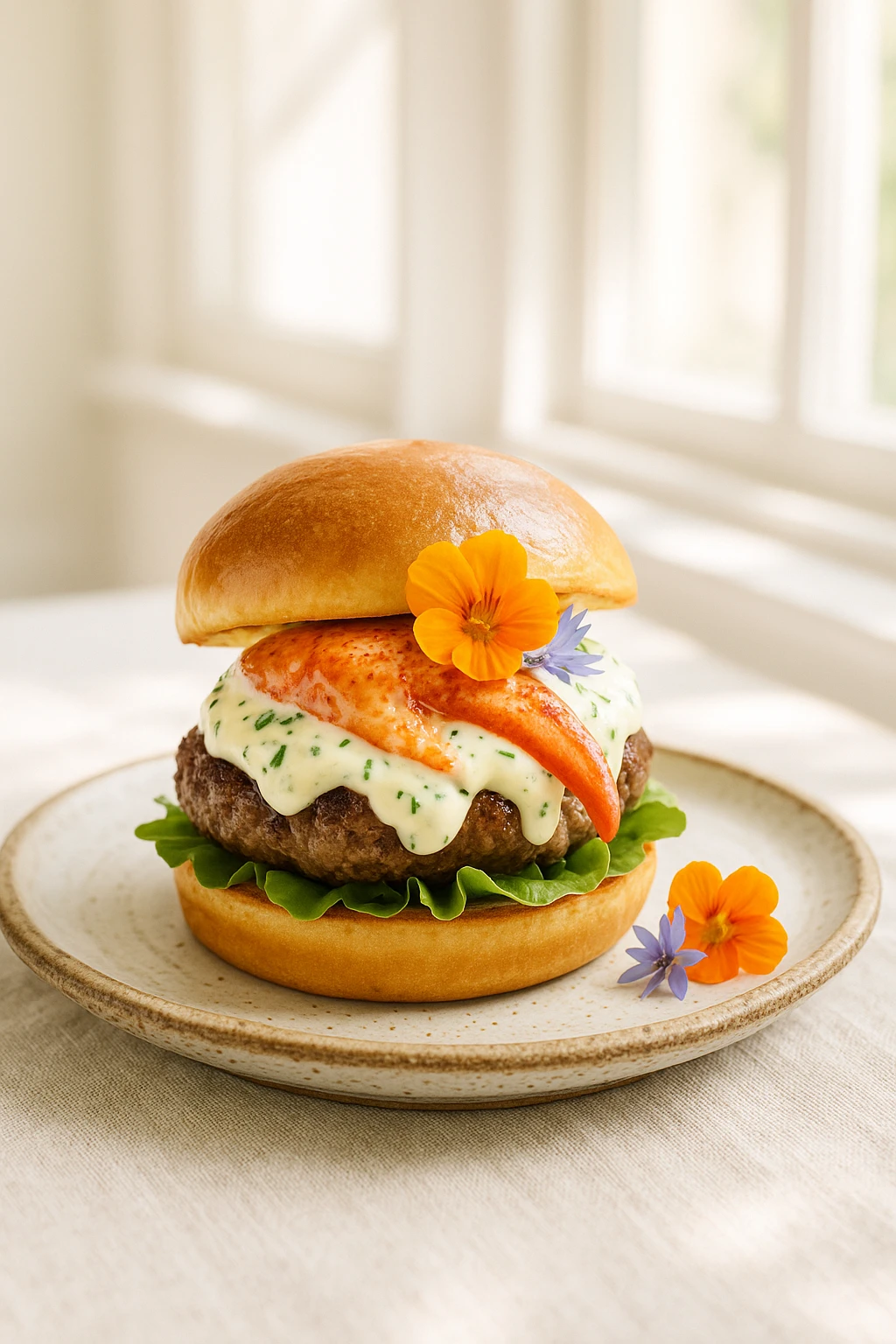 Surf‑and‑turf lobster burger with butter‑poached claw meat, lemon‑chive aioli, and brioche, plated on artisanal stoneware with edible flowers — bright coastal window light, airy editorial mood.