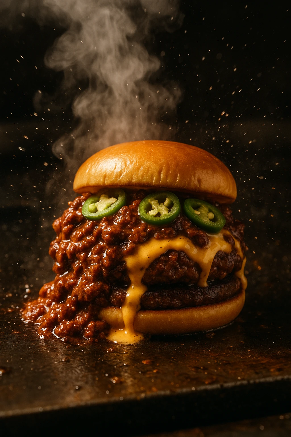 Texas chili‑cheese burger drenched in smoky brisket chili, jalapeños, and molten queso, sizzling on a flat‑top grill — action shot capturing steam and oil splatter in midair, high shutter speed.