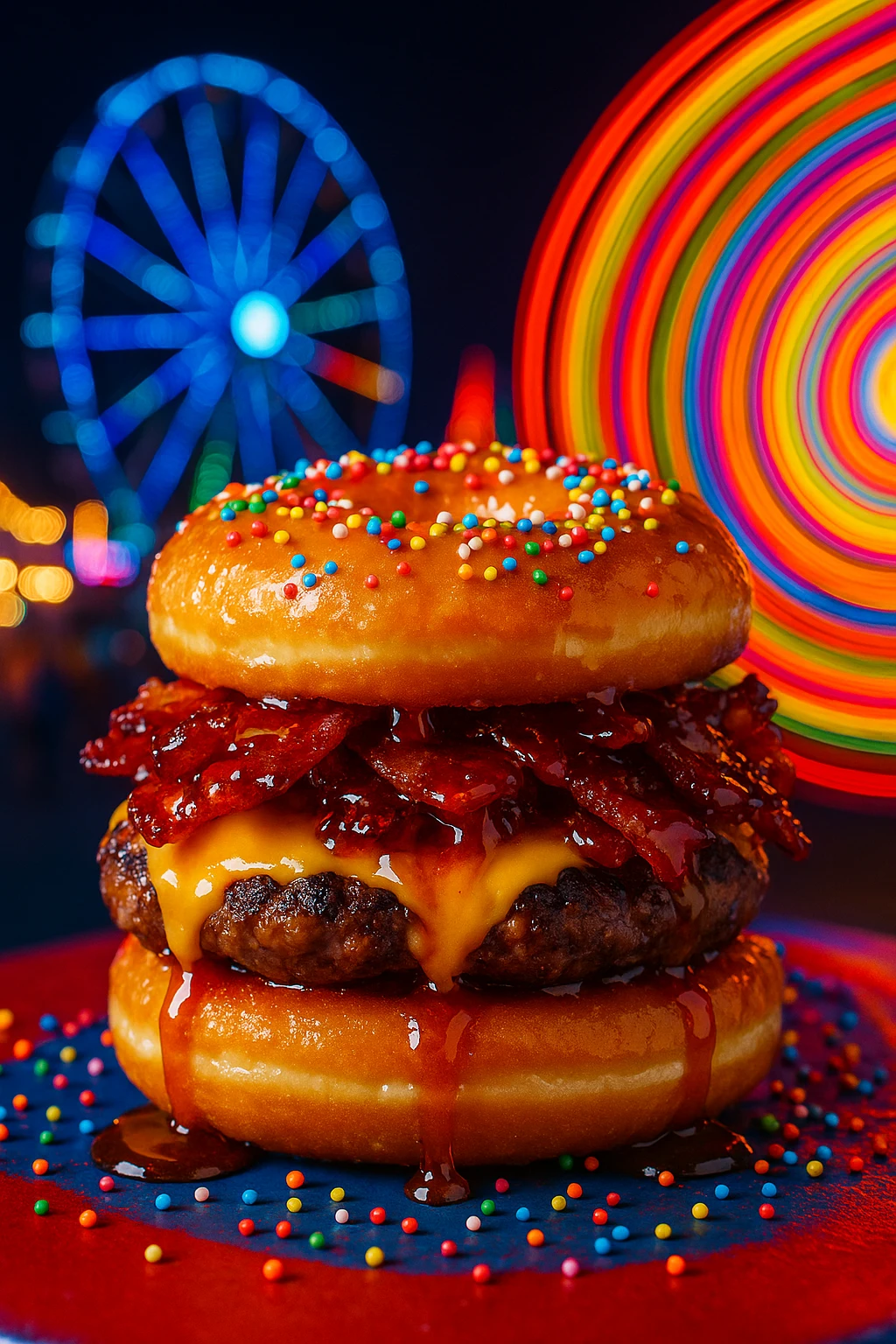 Over‑the‑top fairground burger sandwiched between maple‑glazed donut buns, dripping with candied bacon and sprinkles — carnival at night backdrop with ferris‑wheel bokeh and colorful light‑trail long exposure.