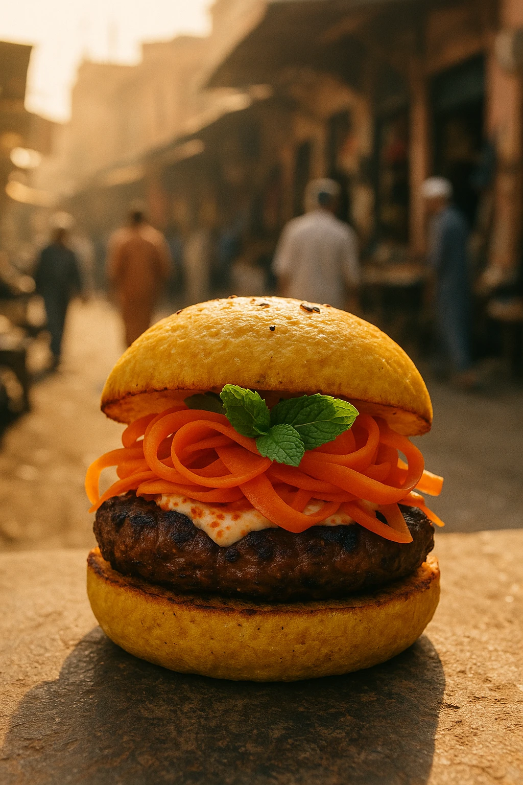 Moroccan merguez lamb burger layered with harissa yogurt, pickled carrot ribbons, and fresh mint on a turmeric‑infused bun — shot amid a bustling Marrakesh souk, warm dusty backlight, candid 35 mm street‑photo vibe.