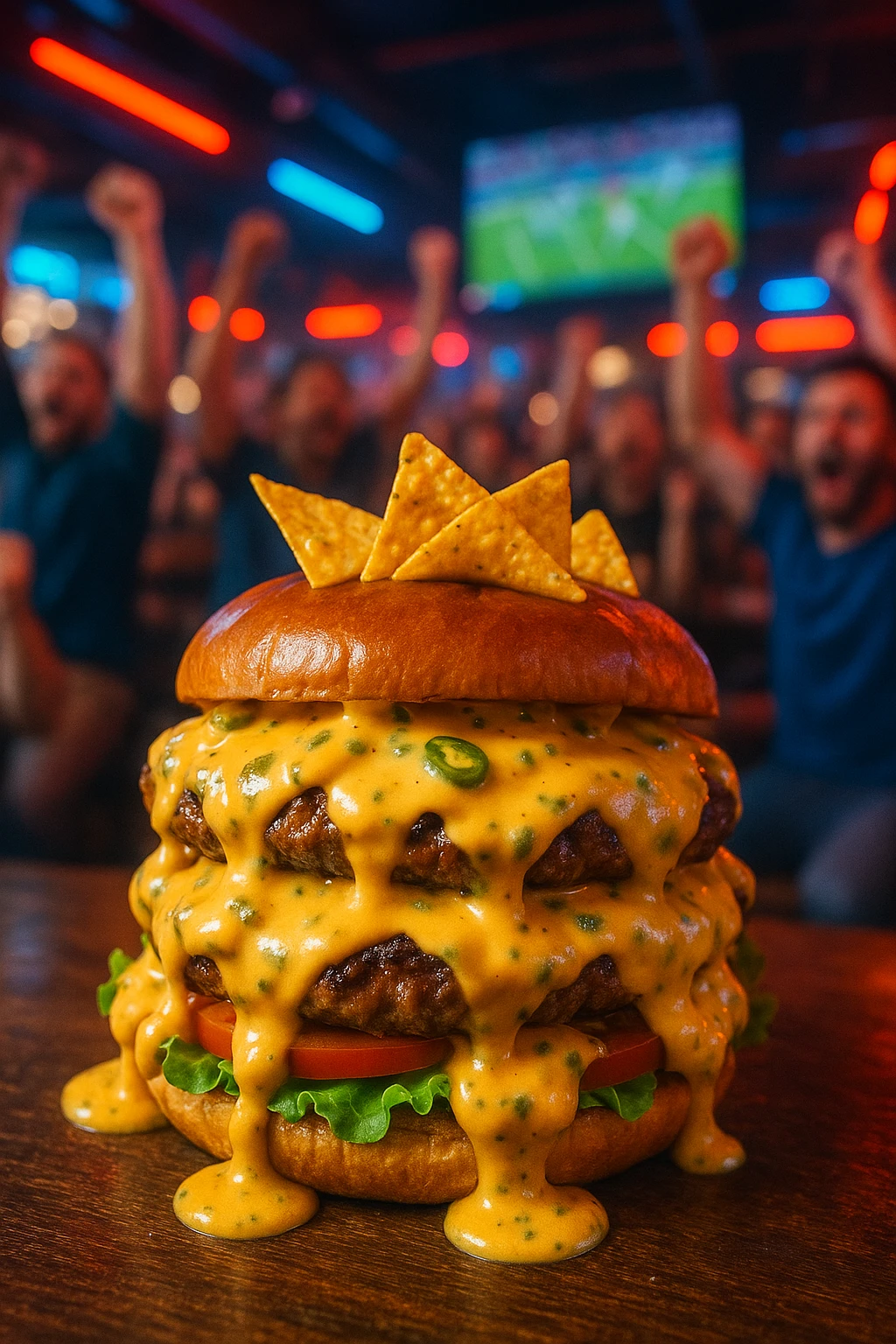 Supersized nacho‑cheese burger crowned with tortilla chips, jalapeño queso cascading down the sides, captured inside a rowdy sports bar mid‑game — dynamic motion blur of cheering fans, bold LED accent lighting.