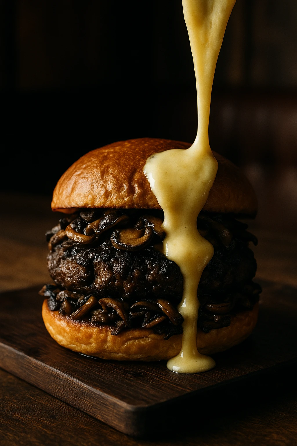 Umami‑rich black‑garlic & wild‑mushroom burger finished with a molten raclette pour, resting on dark walnut in a cozy gastropub corner — moody chiaroscuro lighting, 85 mm macro close‑up for decadent texture.