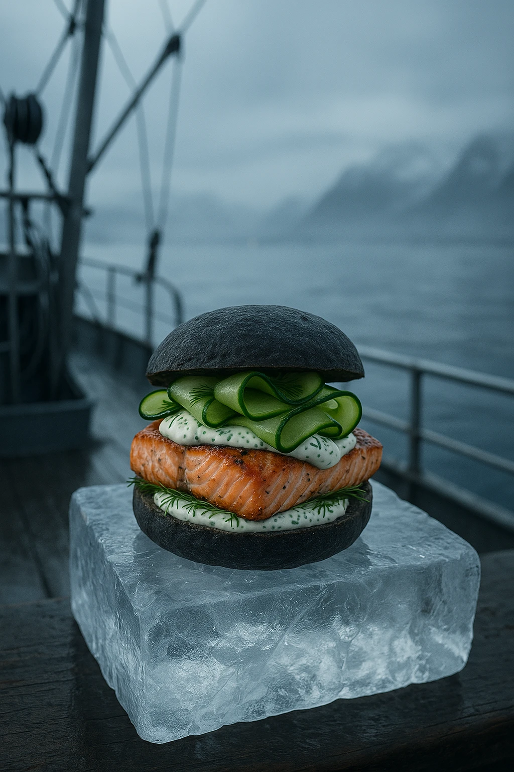 Nordic salmon burger with dill crème fraîche, pickled cucumber ribbons, and charcoal rye roll, plated atop a crystalline ice block on the deck of a fishing boat at dawn — misty blue‑hour ambience, soft overcast glow.
