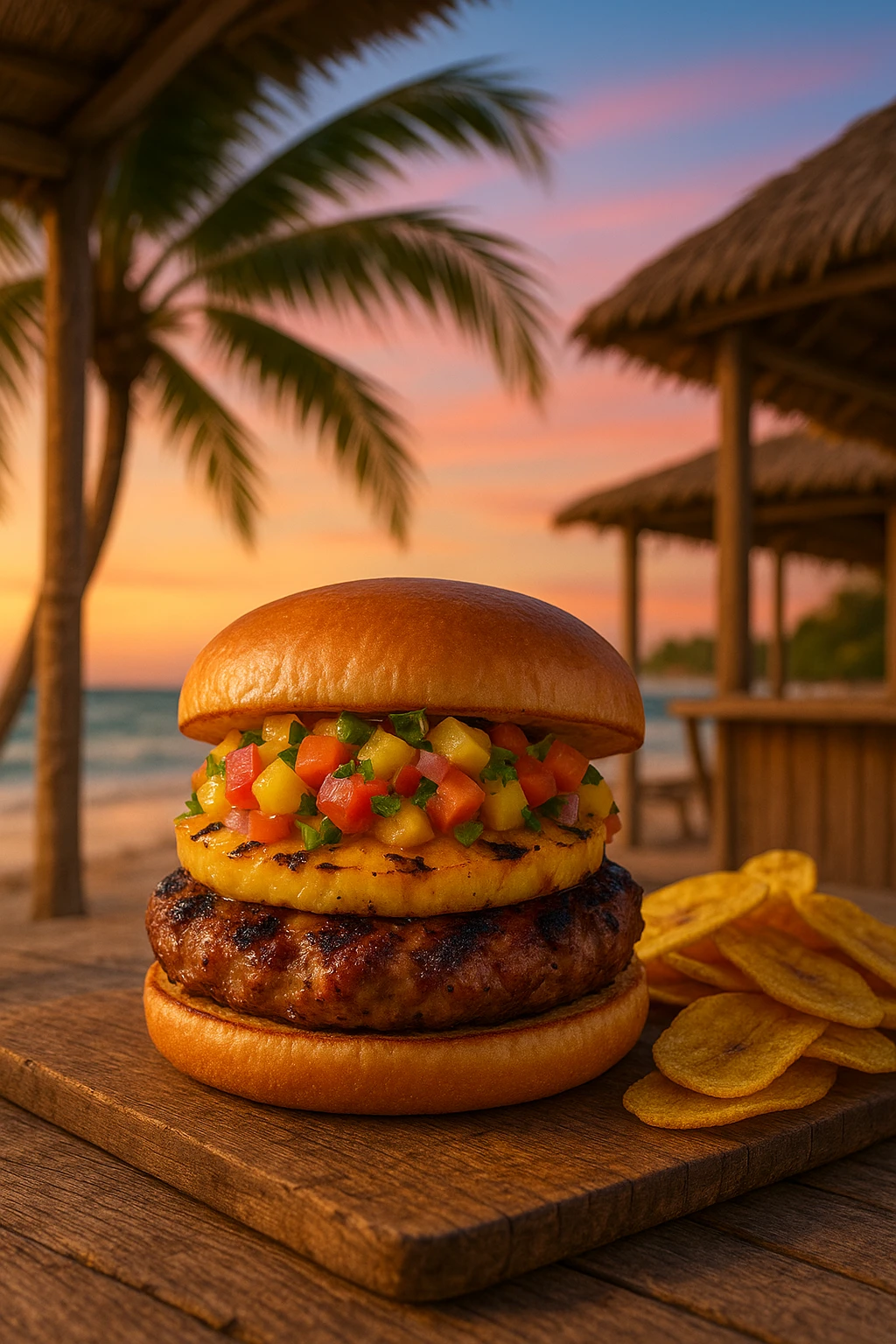 Caribbean jerk pork burger with charred pineapple, mango‑habanero salsa, and crunchy plantain chips — beach‑shack setting at sunset, pastel sky gradient, gentle sea‑breeze motion in palm fronds.