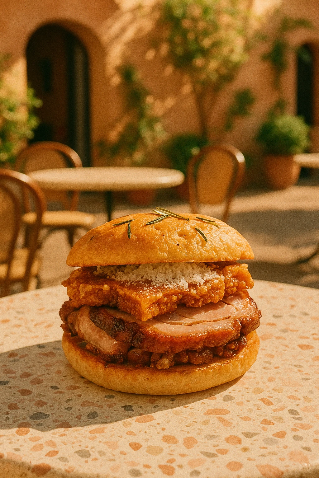 Italian porchetta burger layered with crispy crackling, pecorino snow, and rosemary focaccia bun — sun‑drenched trattoria courtyard with terrazzo tabletop, creamy analog film grain.