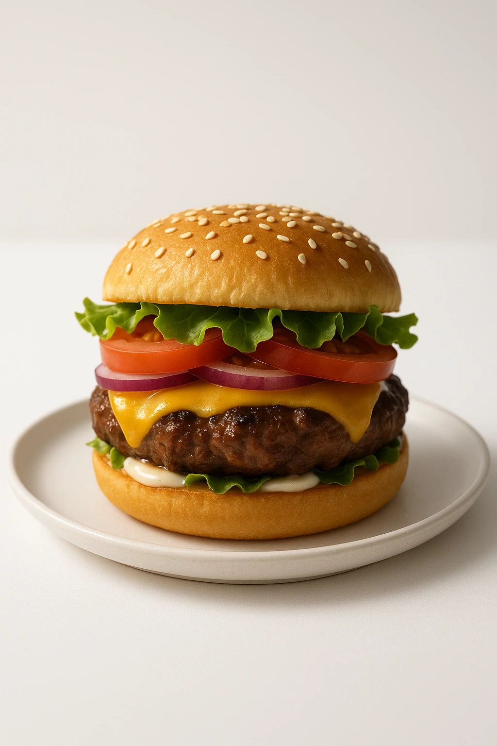 A juicy gourmet cheeseburger with a perfectly seared beef patty, melted cheddar cheese, fresh tomato slices, crisp lettuce, red onion rings, and creamy mayonnaise, stacked in a toasted sesame seed bun, served on a matte white ceramic plate on a white table — bright overhead studio lighting, shallow depth of field, high resolution food photography, minimalist aesthetic