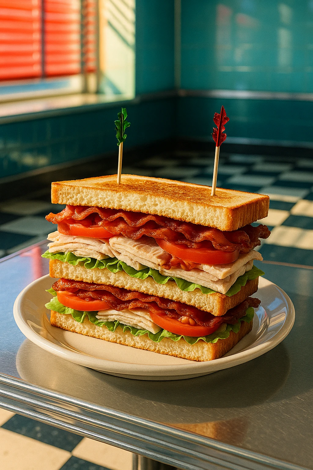 Classic triple‑decker turkey club with crispy bacon, iceberg, and tomato, skewered with frilly picks on a chrome diner counter — 1950s retro styling, checkerboard floor reflections, saturated daylight colors.