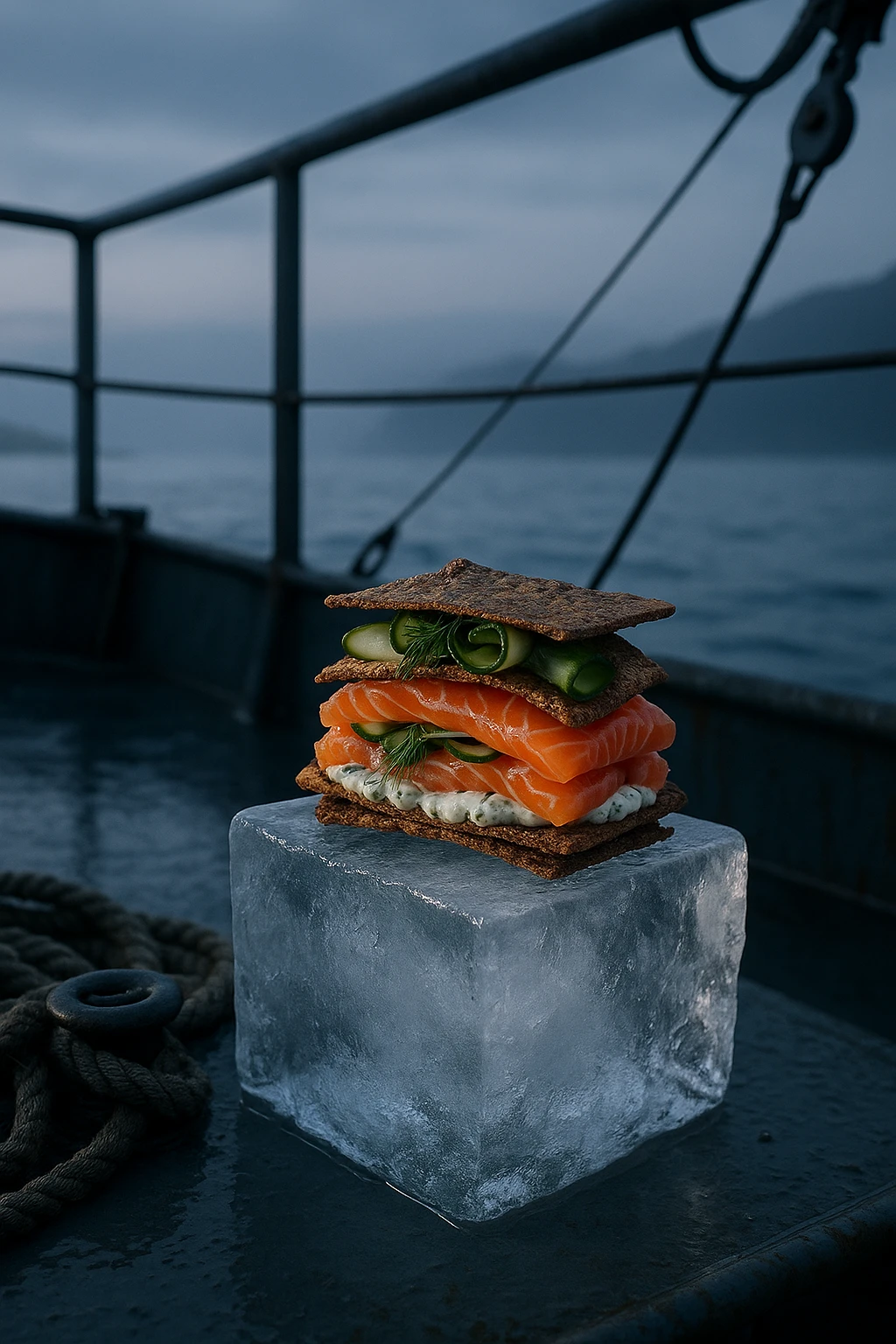 Nordic salmon gravlax club with dill cream cheese, pickled cucumber, and rye crisps, photographed on an ice‑block pedestal aboard a fishing boat at dawn — misty blue‑hour tones, cinematic wide shot.