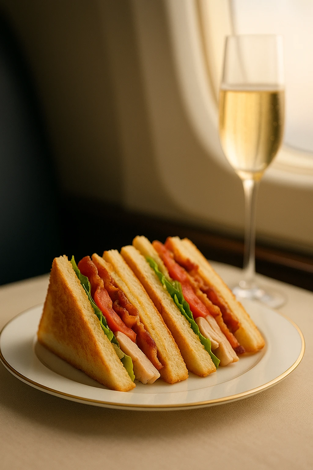 Airline first‑class club sandwich neatly quartered on bone‑china, champagne flute in background, cabin window glow — luxe travel editorial style, shallow depth of field.