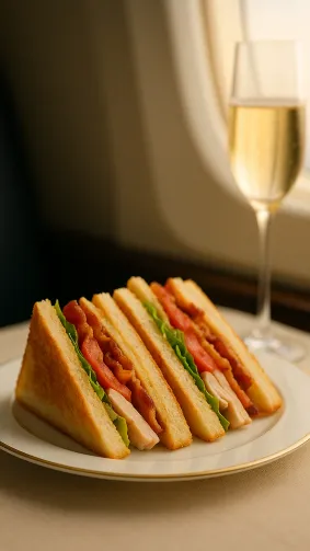 Airline first‑class club sandwich neatly quartered on bone‑china, champagne flute in background, cabin window glow — luxe travel editorial style, shallow depth of field.