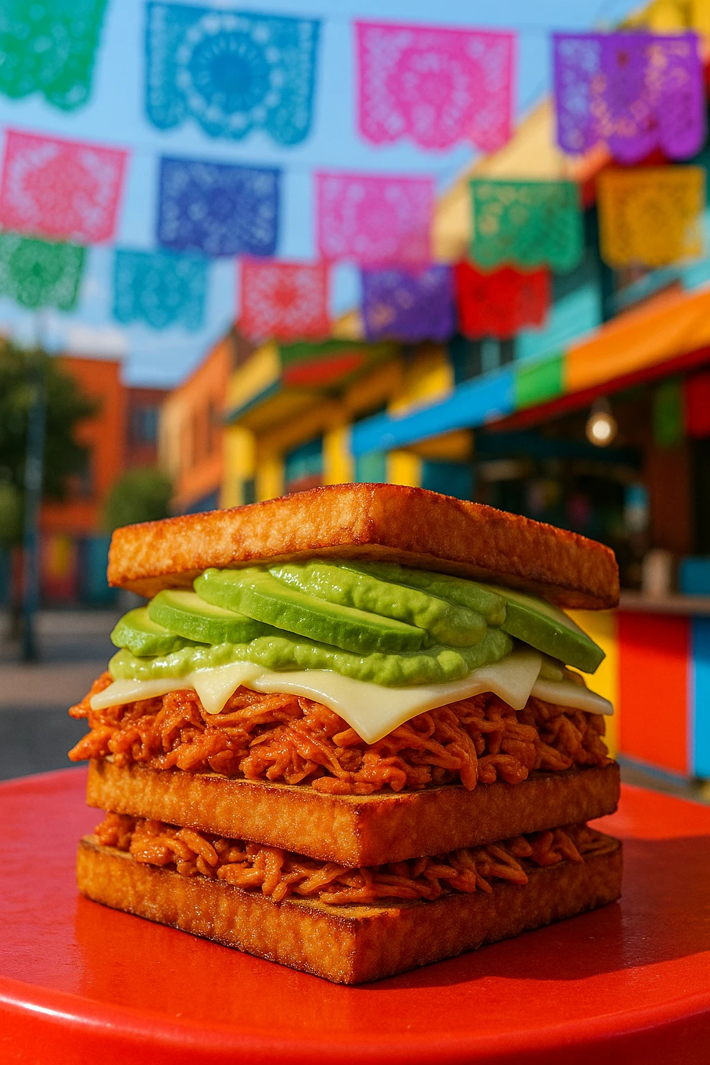 Spicy chicken tinga club with Oaxaca cheese and avocado crema, captured at a colorful Mexico City street stand — papel picado banners overhead, vibrant fiesta palette.