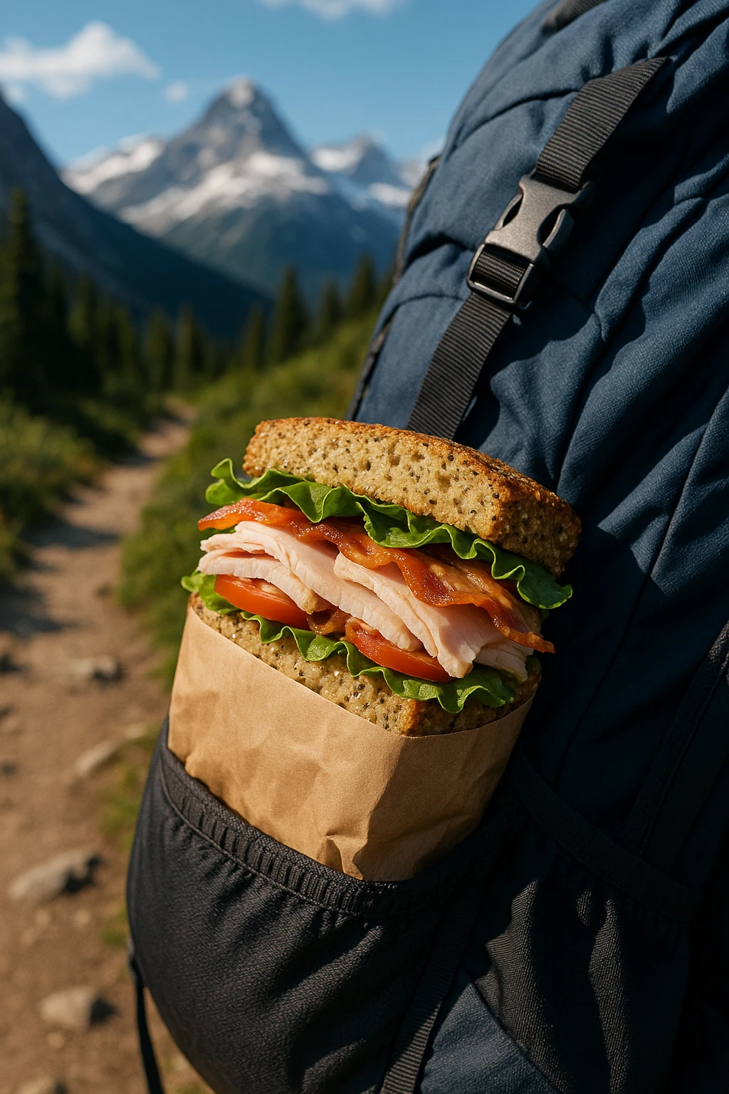 Gluten‑free quinoa‑bread turkey club wrapped in eco paper, nestled in a hiker’s backpack pocket beside a mountain trail — crisp alpine daylight, adventurous outdoor vibe.