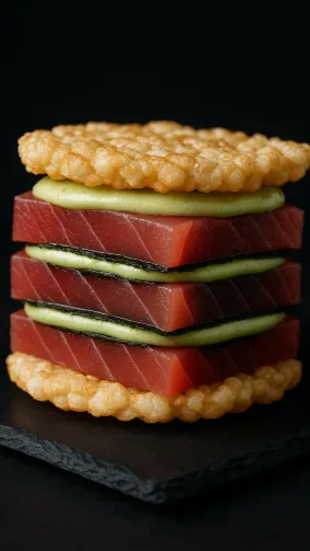 Fusion sushi‑club: layers of ahi tuna sashimi, wasabi mayo, and nori between rice‑cracker ‘bread’, plated on black slate — stark studio strobe, macro 100 mm clarity.