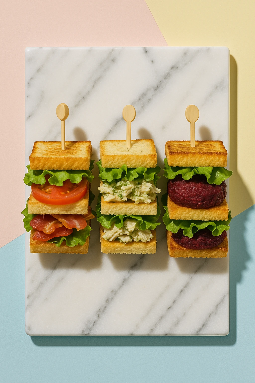Mini slider trio of classic, pesto‑chicken, and beetroot‑falafel clubs lined on a marble slab against geometric pastel backdrop — top‑down product shot, glossy magazine look.