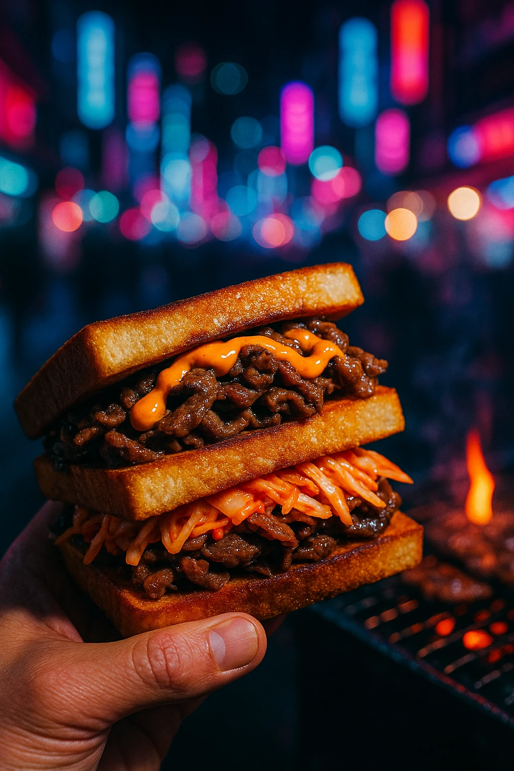 Korean bulgogi beef club with kimchi slaw and gochujang aioli, sizzling grill in background of neon‑lit Seoul night market — cyberpunk bokeh, handheld flash.
