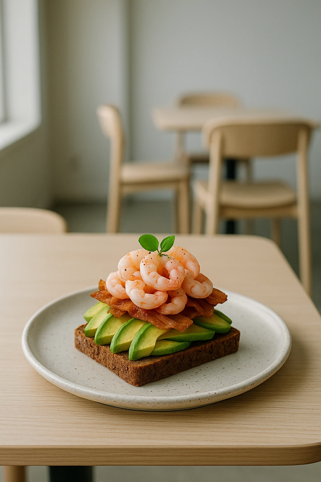 Open‑face avocado shrimp club on rye, photographed in Scandi minimalist café with pale birch furniture — soft overcast window light, calm Nordic palette.