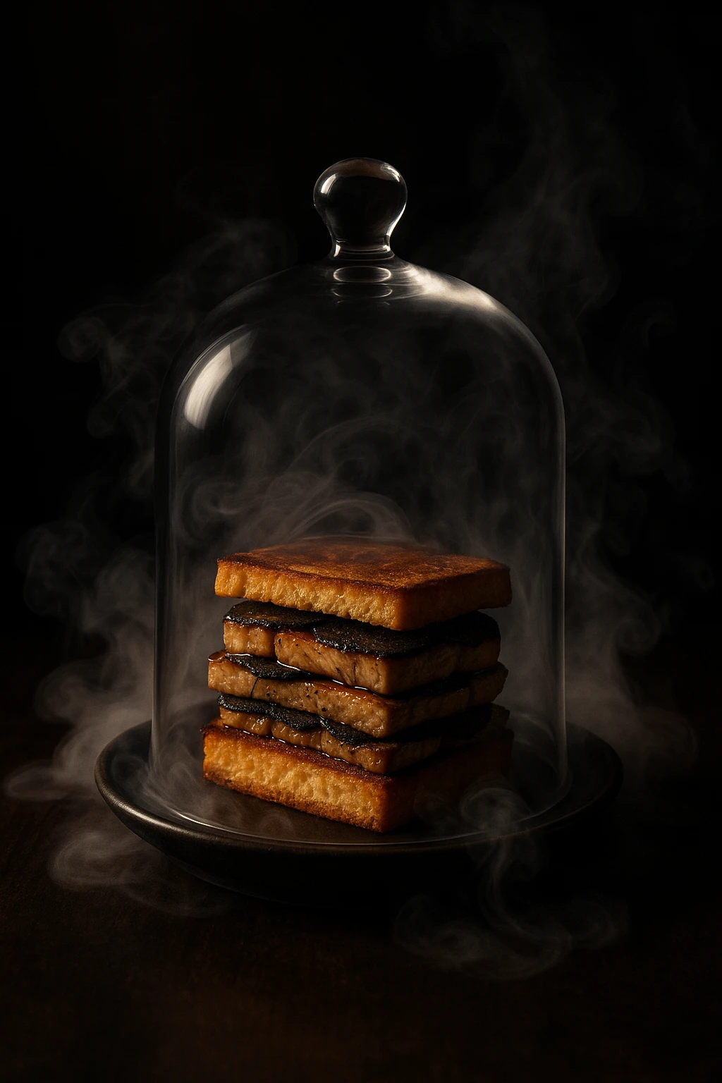 Decadent foie‑gras and black‑truffle club on toasted brioche, served under a glass cloche with swirling dry‑ice mist — dramatic fine‑dining theatrics, low‑key chiaroscuro.