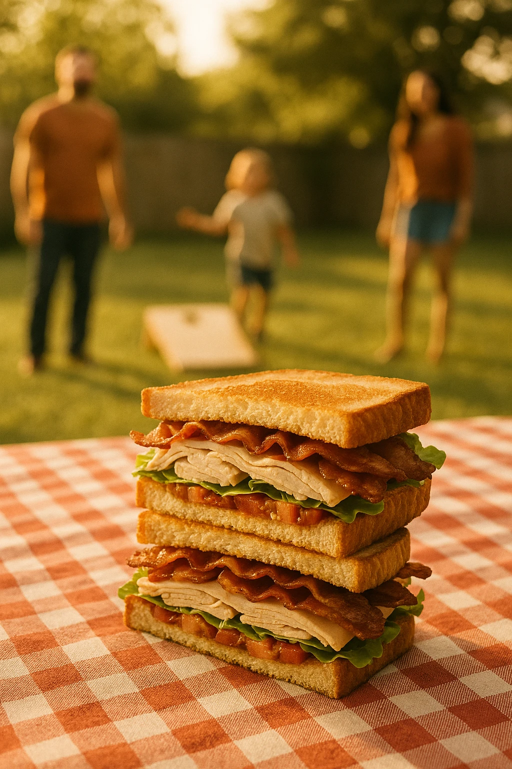 Backyard BBQ turkey‑bacon club sliced on red‑check picnic cloth, family playing cornhole blurred in background — golden late‑afternoon sun, nostalgic reportage feel.