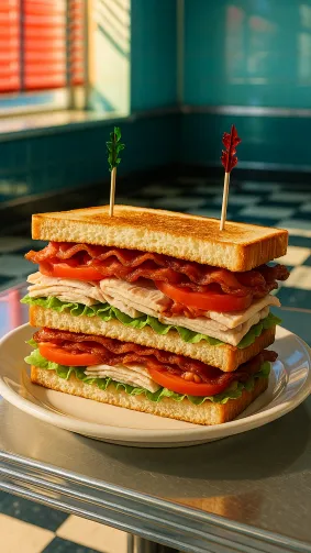 Classic triple‑decker turkey club with crispy bacon, iceberg, and tomato, skewered with frilly picks on a chrome diner counter — 1950s retro styling, checkerboard floor reflections, saturated daylight colors.