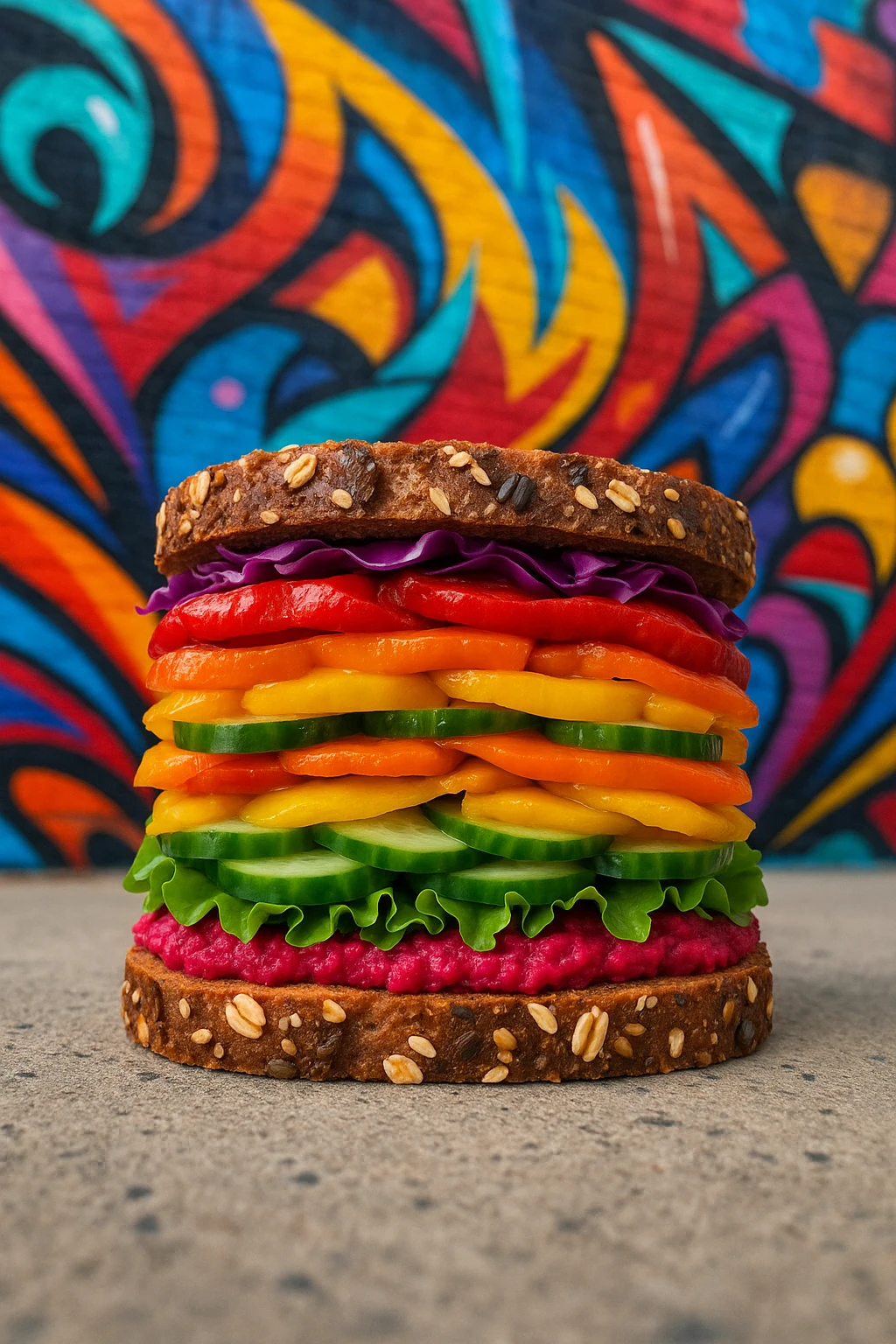 Rainbow veggie club with roasted bell‑pepper layers and beet hummus on multigrain, shot against graffiti mural — bold street‑art colors, wide‑angle lens, punchy saturation.