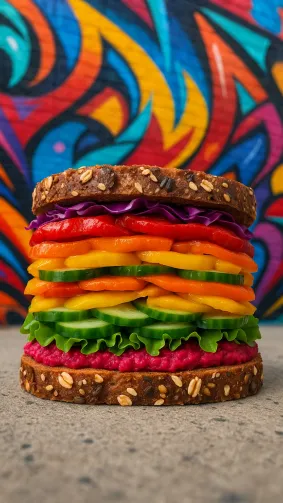 Rainbow veggie club with roasted bell‑pepper layers and beet hummus on multigrain, shot against graffiti mural — bold street‑art colors, wide‑angle lens, punchy saturation.