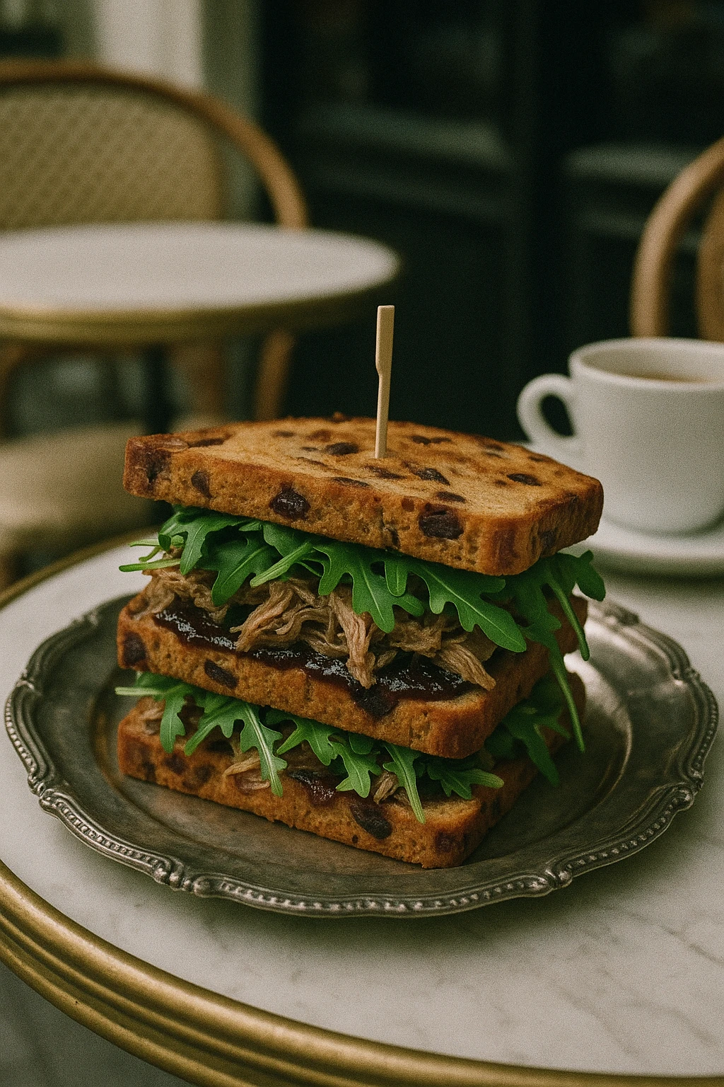Confit-duck club sandwich with fig jam and arugula on toasted cranberry-walnut bread, styled on vintage silver at a Parisian bistro terrace — overcast café light, nostalgic film grain.