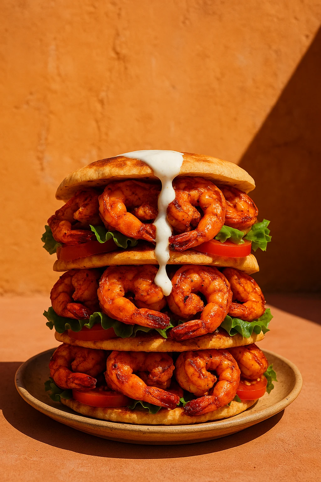 Spicy harissa-shrimp pita club stacked high, dripping yogurt sauce, photographed against Marrakech medina ochre walls — midday desert sun, punchy earthy palette.