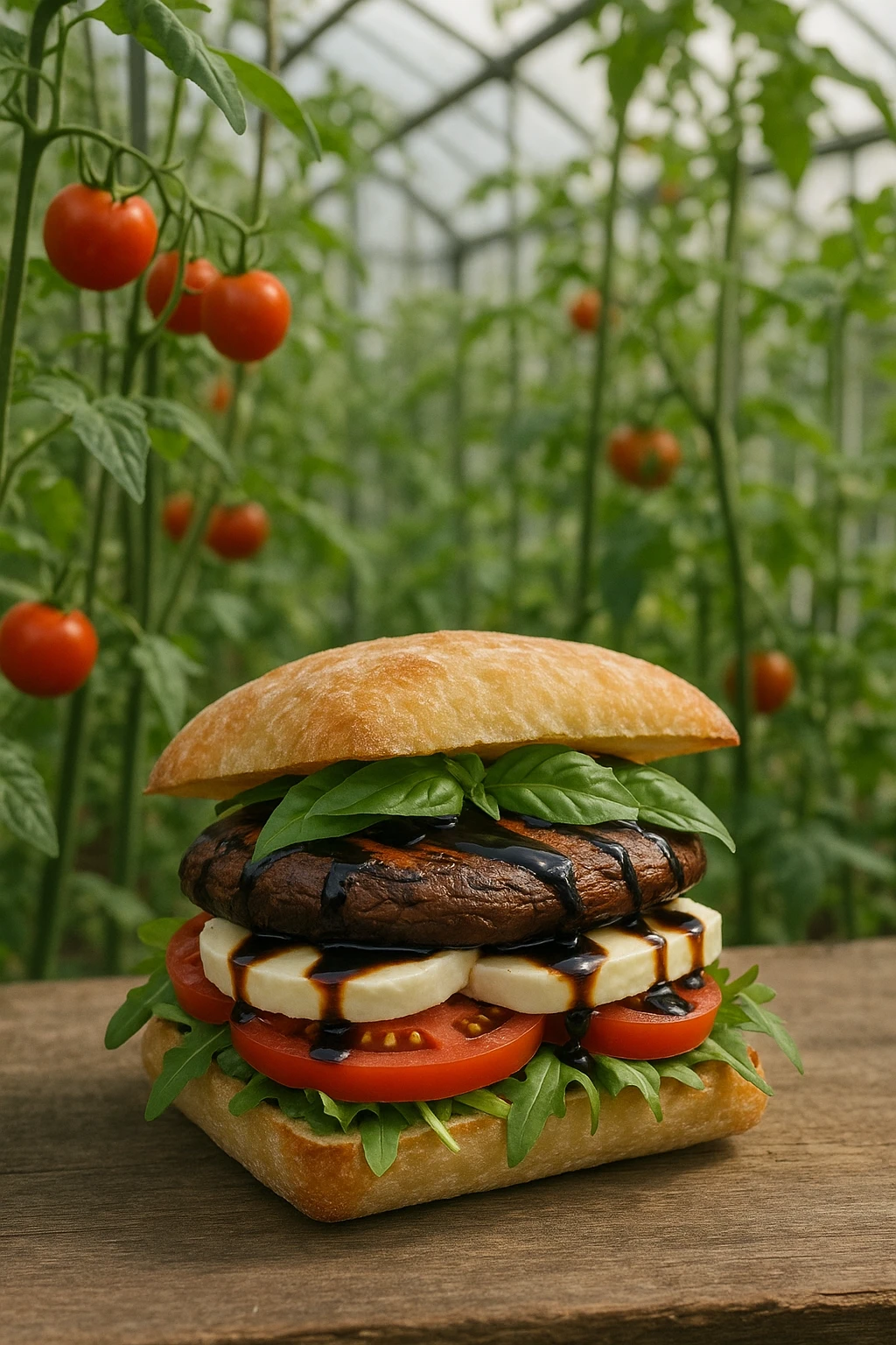 Grilled portobello-caprese club with balsamic glaze on ciabatta, shot in a community garden greenhouse surrounded by tomato vines — diffused natural light, fresh farm-to-table vibe.