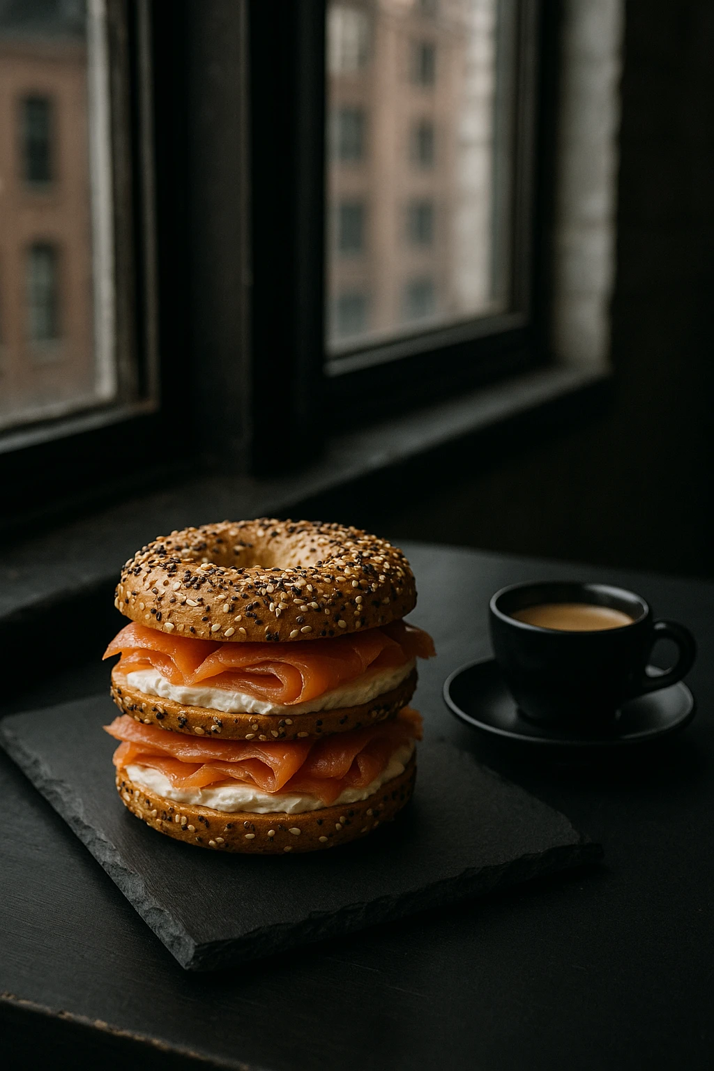 Smoked salmon & cream-cheese breakfast club in everything-bagel layers, plated on a matte-black slate beside espresso in a chic Brooklyn loft — moody window backlight, urban minimalism.