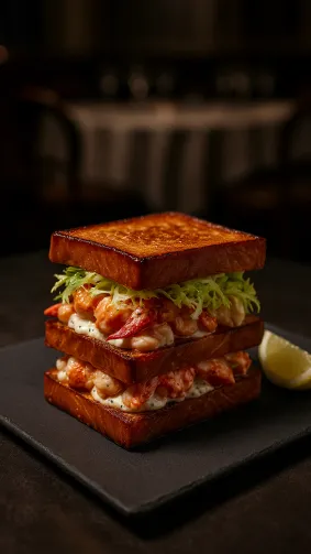 Gourmet lobster club sandwich on toasted brioche with lemon‑tarragon mayo and frisée, plated on matte slate in a Michelin‑star dining room — moody overhead spotlight, 85 mm macro lens for glossy detail.