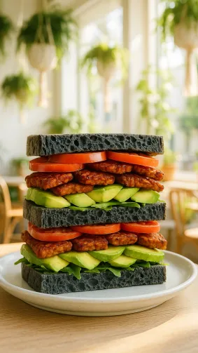 Vegan tempeh‑bacon avocado club stacked on charcoal sourdough, photographed at a sun‑drenched plant‑based café with hanging greenery — bright natural backlight, airy wellness aesthetic.