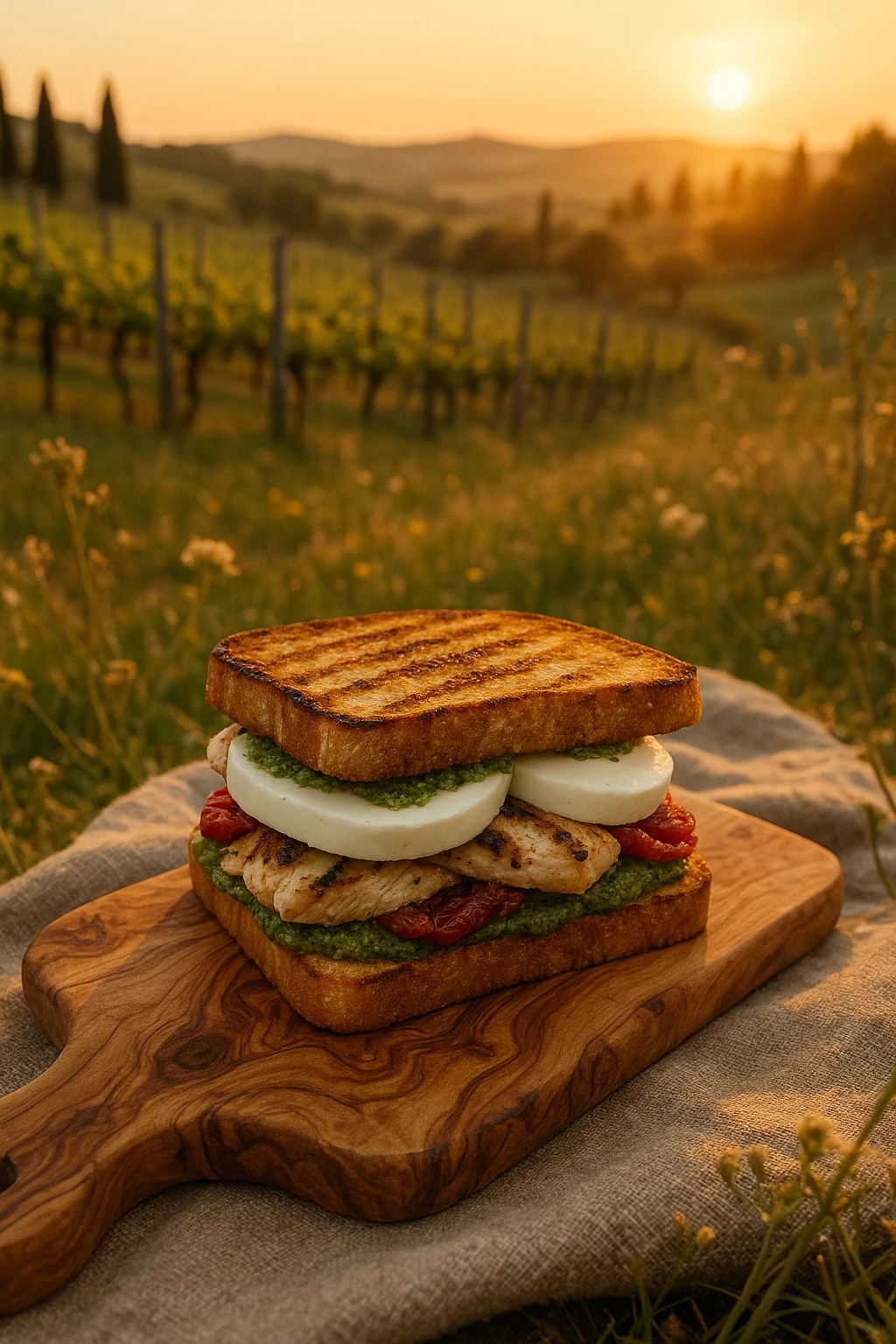 Grilled chicken pesto club with sun‑dried tomatoes and buffalo mozzarella, shot top‑down on rustic olive‑wood board amid Tuscan vineyard picnic — golden sunset glow, pastoral editorial vibe.