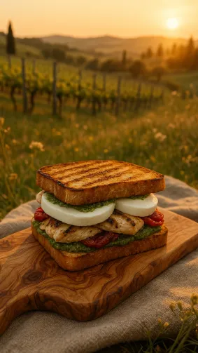 Grilled chicken pesto club with sun‑dried tomatoes and buffalo mozzarella, shot top‑down on rustic olive‑wood board amid Tuscan vineyard picnic — golden sunset glow, pastoral editorial vibe.