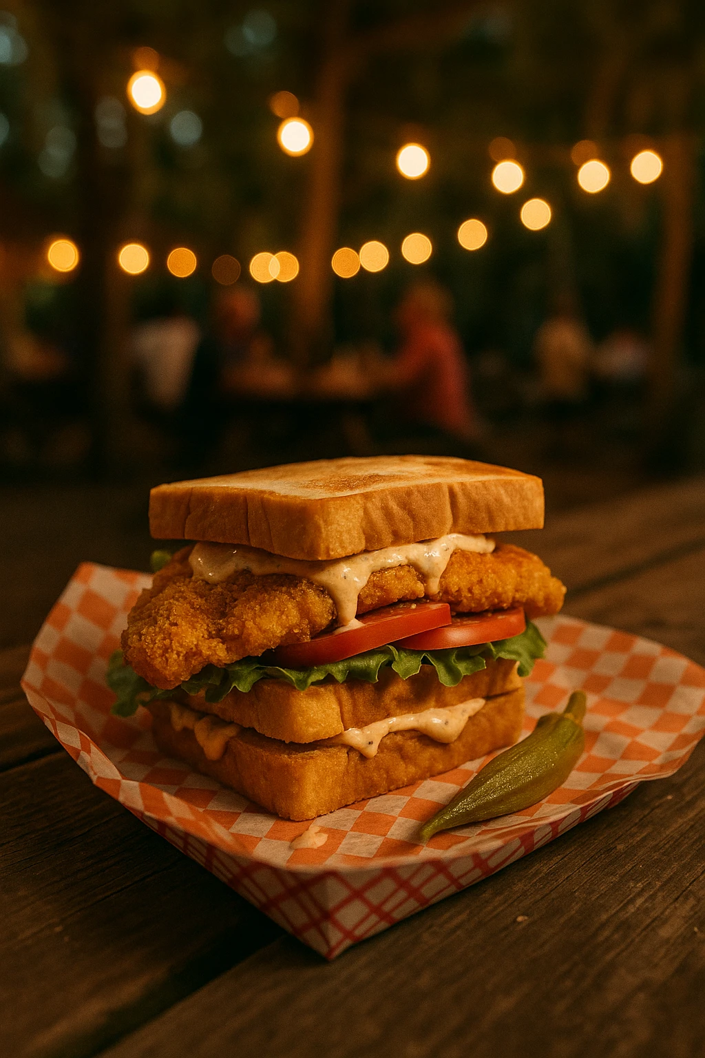 Southern fried‑catfish club sandwich with remoulade and pickled okra, captured on a picnic table at a Louisiana bayou fish fry — warm tungsten string‑light ambience, candid lifestyle scene.