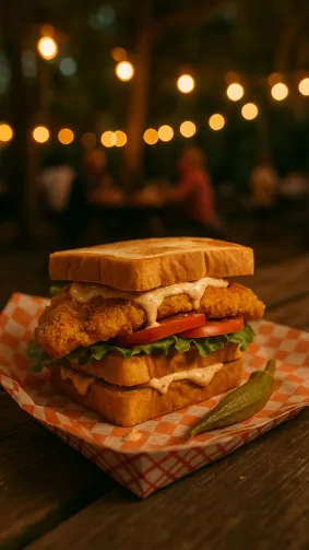 Southern fried‑catfish club sandwich with remoulade and pickled okra, captured on a picnic table at a Louisiana bayou fish fry — warm tungsten string‑light ambience, candid lifestyle scene.