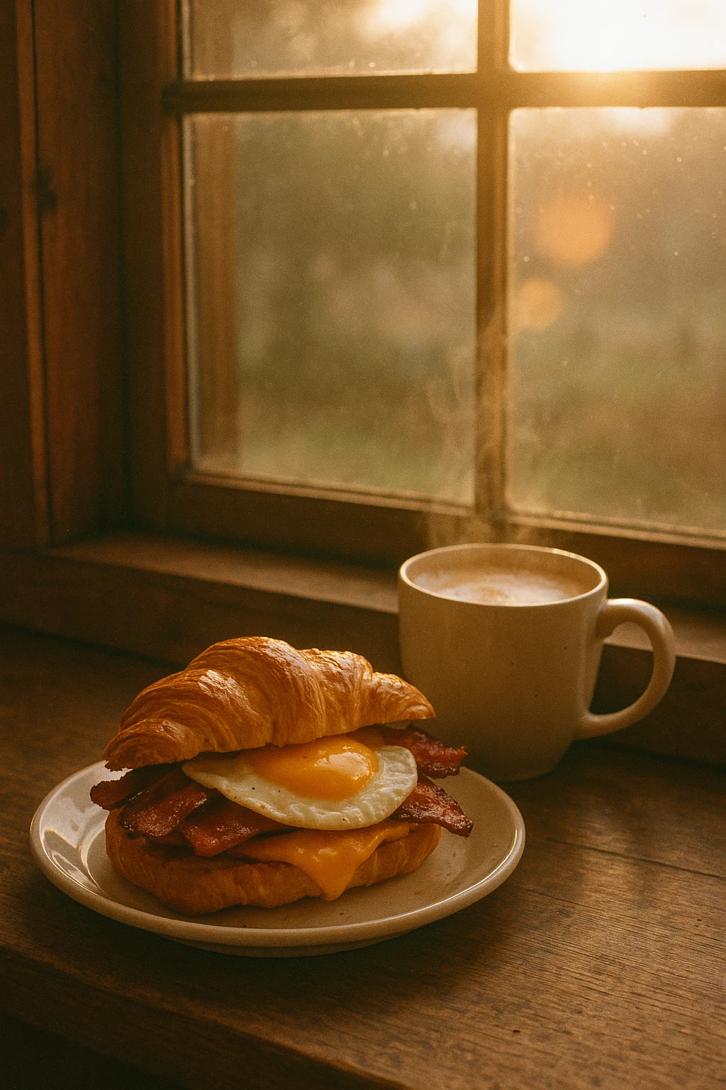 A gourmet club sandwich plated at a modern café. Triple-layered sandwich on artisanal multigrain bread filled with smoked chicken breast, crispy bacon, avocado slices, lettuce, tomato, and aioli. Served alongside a fresh mixed greens salad with a light vinaigrette. The setting includes minimalist white plates, rustic wooden tables, and bright daylight streaming through large windows.