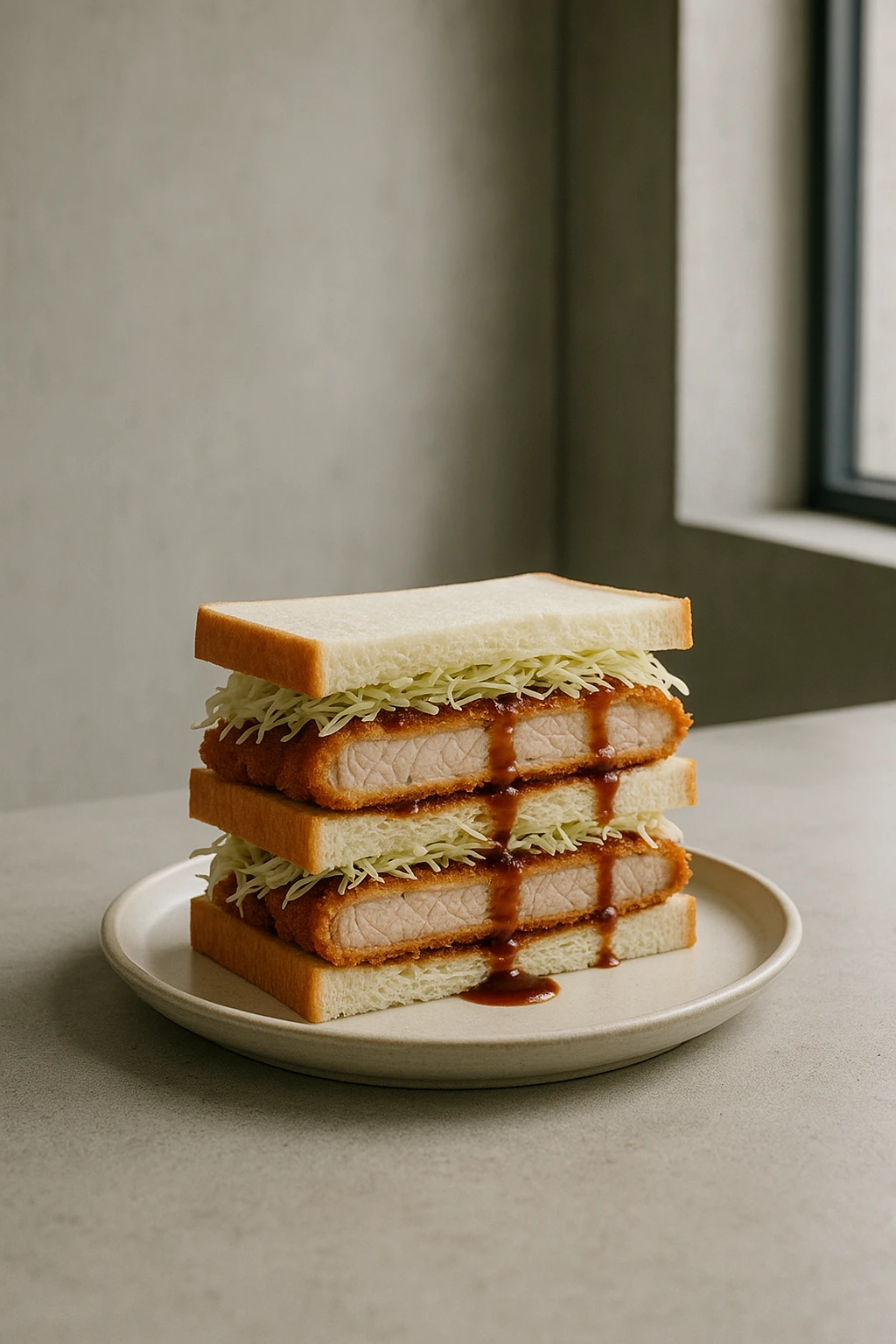 Katsu pork club sandwich with shredded cabbage and tonkatsu sauce, plated in a minimalist Tokyo café — neutral concrete backdrop, soft diffused window light, clean Japanese aesthetic.