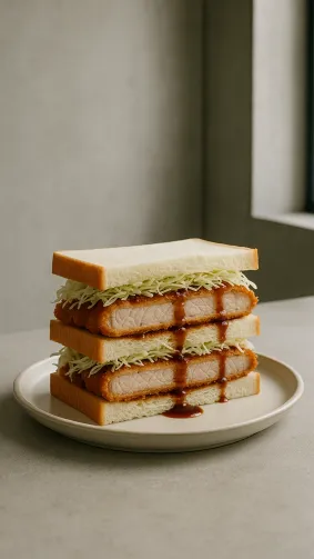 Katsu pork club sandwich with shredded cabbage and tonkatsu sauce, plated in a minimalist Tokyo café — neutral concrete backdrop, soft diffused window light, clean Japanese aesthetic.