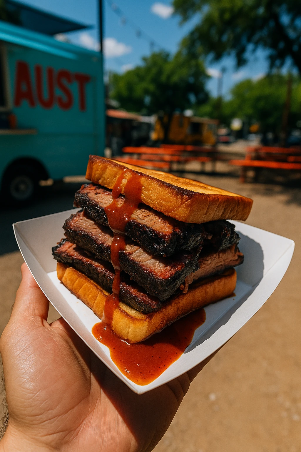 Smoked brisket BBQ club dripping tangy sauce, served in a paper boat at an Austin food‑truck park — harsh noon sun, handheld street‑photo energy, vibrant Texas colors.