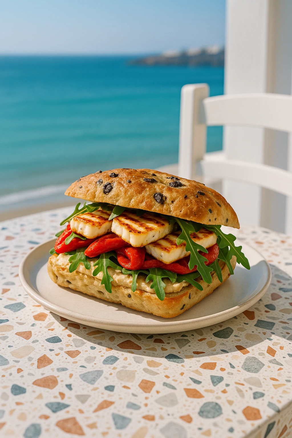 Mediterranean halloumi club with roasted red peppers, hummus, and arugula on olive focaccia, styled on terrazzo tabletop in seaside Santorini taverna — aqua Aegean backdrop, bright coastal light.
