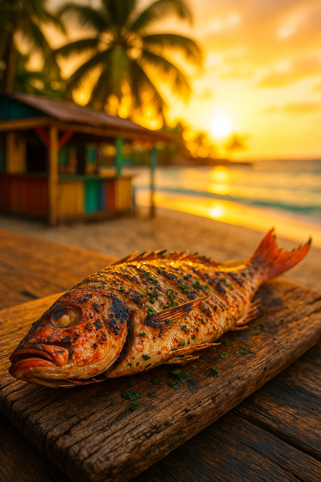 Whole red–snapper grilled over open flame, skin blistered and herb‑basted, plated on a weathered drift‑wood board at a rum‑shack beach bar in Barbados — golden sunset glow, handheld DSLR, vibrant tropical palette.