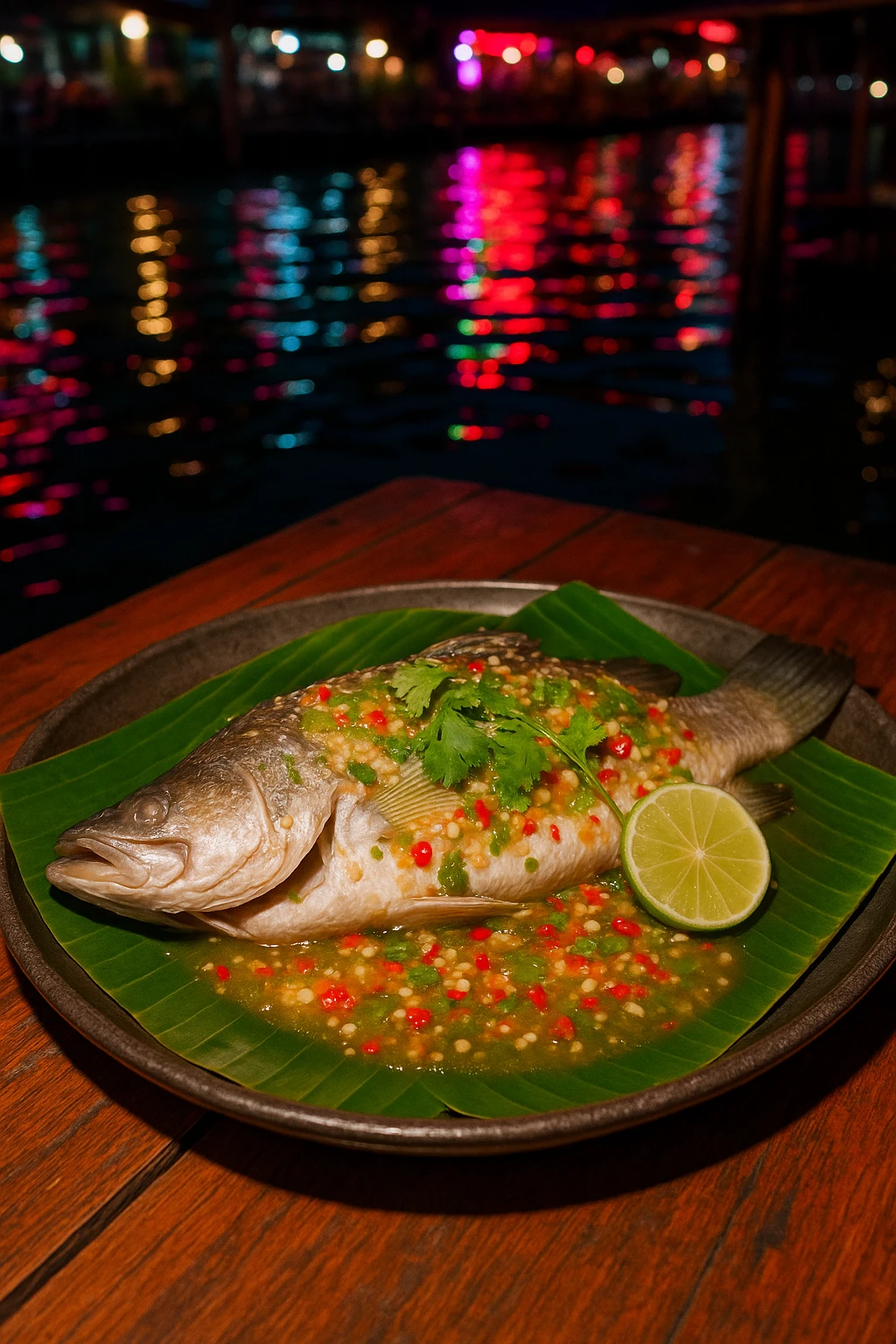 Thai steamed sea‑bass with chili‑lime nam‑jim, resting on banana‑leaf platter in a floating Bangkok restaurant — neon canal reflections, handheld flash for glossy sauce.