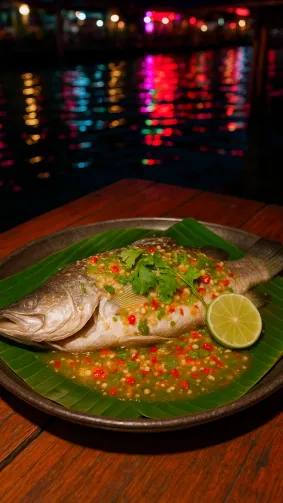 Thai steamed sea‑bass with chili‑lime nam‑jim, resting on banana‑leaf platter in a floating Bangkok restaurant — neon canal reflections, handheld flash for glossy sauce.