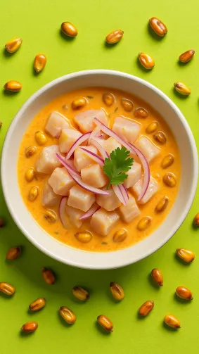 Peruvian ceviche of corvina in leche de tigre, cancha corn scattered, photographed in a lime‑green Lima cevichería — top‑down overhead softbox, vibrant editorial palette.