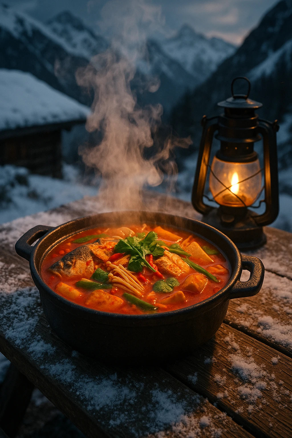 Korean maeuntang spicy fish stew boiling in black stoneware on a snow‑dusted mountaintop hut table — dramatic steam, cozy winter ambience, tungsten lantern glow.